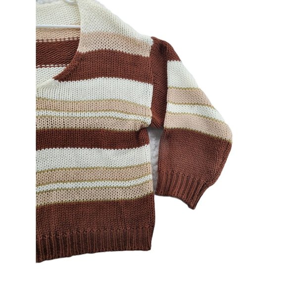 SHEILAY Sweater Women's L/S Striped Shaker Knit V-Neck Pullover Brown Large - Picture 4 of 6